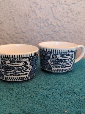 Just USA Blue and White Ceramic Cups with Horse-Drawn Scene